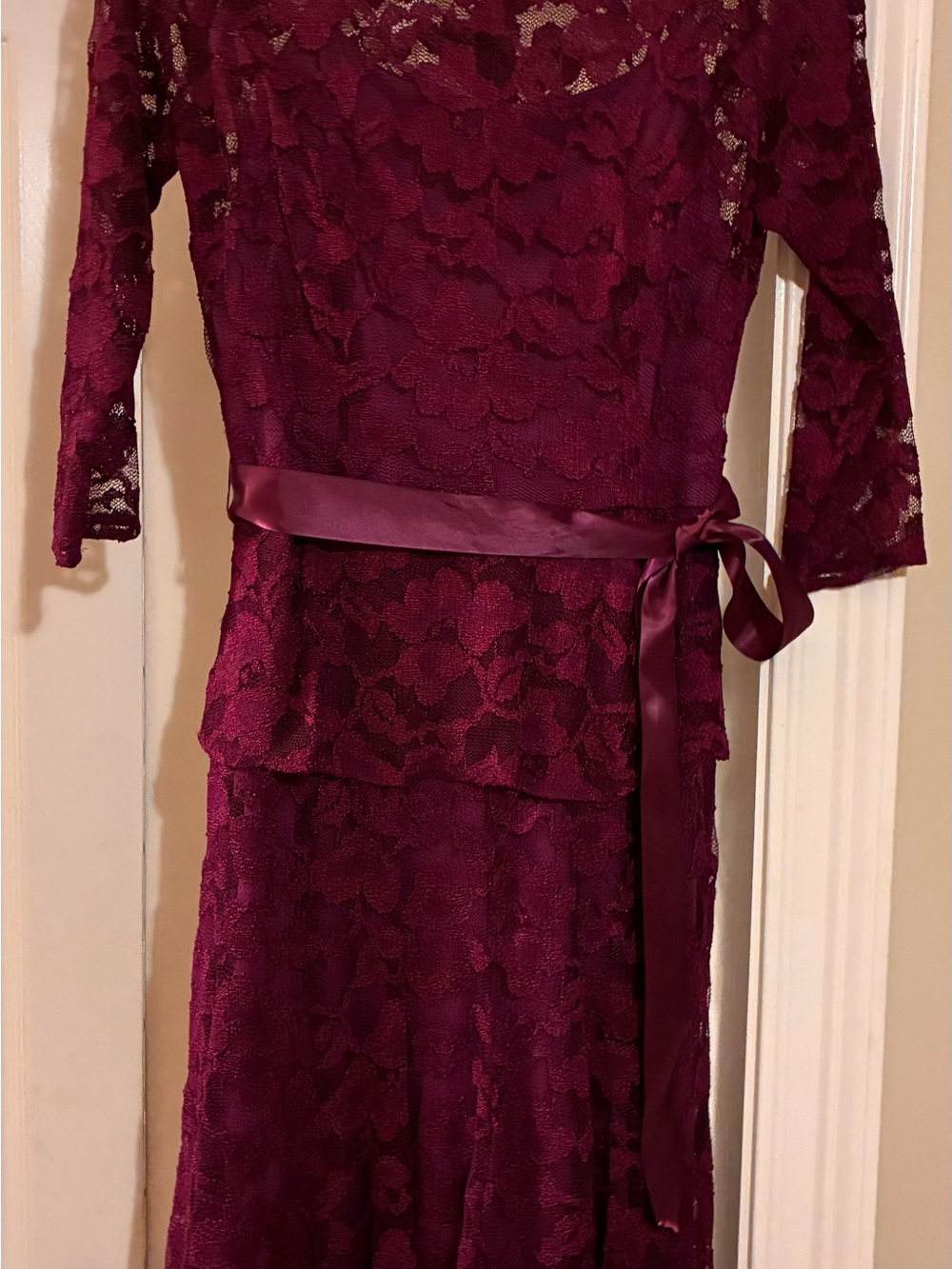 Leslie Fay Burgundy Lace Peplum Dress with Satin Waist Tie